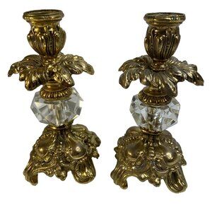Vintage Pair Brass Candle Holders Hollywood Regency Candlesticks Clear Glass